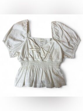 Treasure & Bond Linen Smocked Waist Puff Sleeve Peasant Top - White